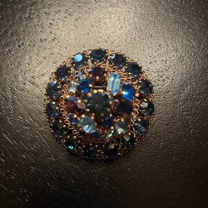 Vintage Gold Tone Circle Brooch with Green Blue and Purple Rhinestones Austria